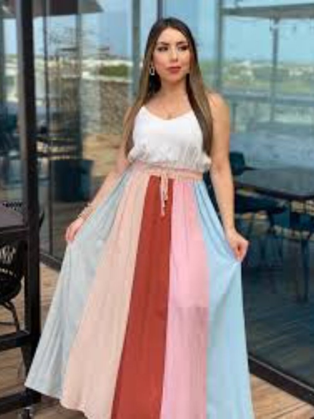 Main Strip Rainbow Color Block Maxi Dress Size L Boho Cottagecore Tie Strap